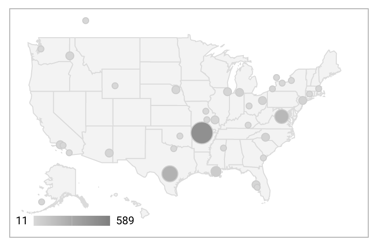 A United States geo chart with various sized city markers in shades of gray indicates the number of web sessions, and a gray gradient scale from light to dark gray represents a range of values from 11 to 589. 