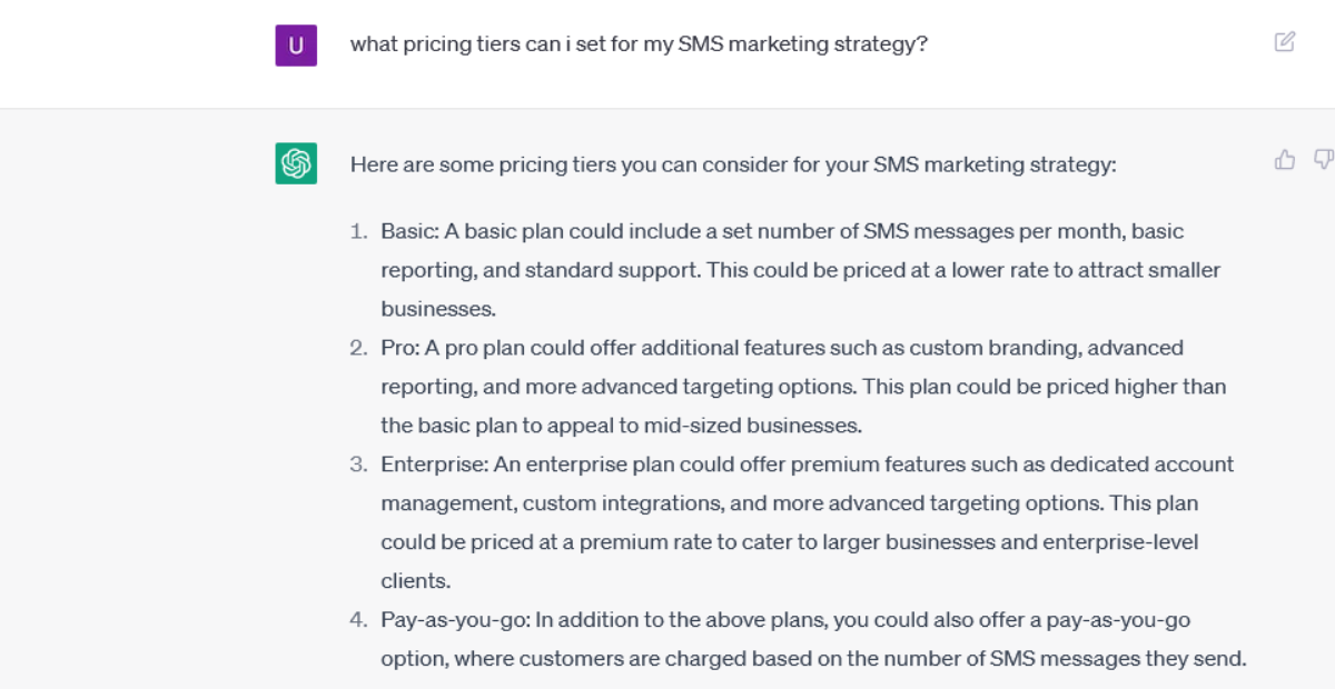 chatgpt prompt and response to set pricing tiers