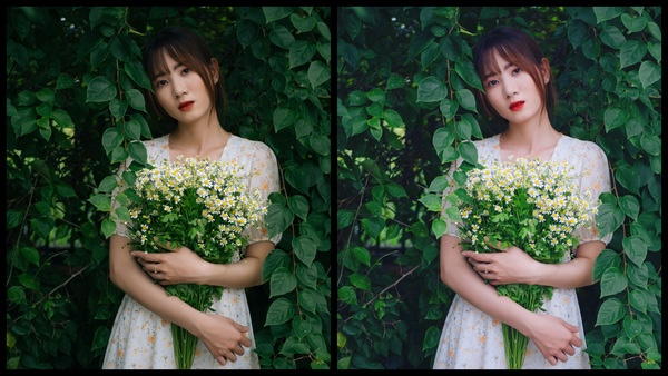 Montagem de duas fotos usando a mesma mulher segurando um buquê de flores, com um vestido florido e em um fundo com várias plantas. Foto 1 sem edições e foto 2 usando o Filtro SI-5