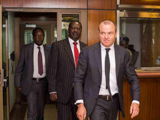 MP Timothy Bosire, Cord leader Raila Odinga and Australian High Commissioner to Kenya John Feakes at the Australian High Commission on August 31 last year /EMMANUEL WANSON