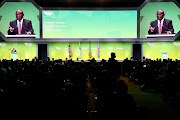 President Cyril Ramaphosa addresses the African Mining Indaba in Cape Town on May 10 2022.