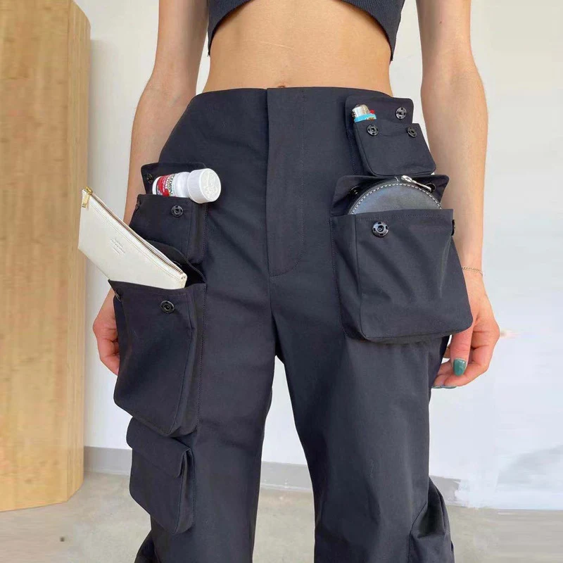 Salopette slim taille haute à poches multiples en trois dimensions, pantalon décontracté pour femme, idéal pour un look confortable et tendance.