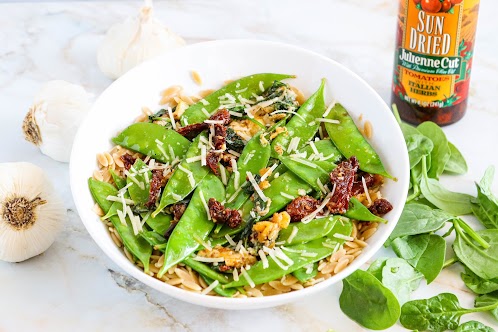 Orzo with Snow Peas, Spinach & Sun-Dried Tomatoes