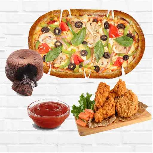 Veg Pizza + Peri Peri Fried Chicken Wings 4 Pcs+ Dessert+ Sauce Dip