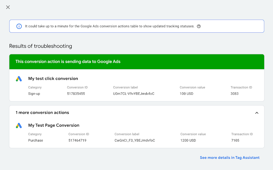 Screenshot of the tag assistant showing "Results of troubleshooting: This conversion action is sending data to Google Ads"