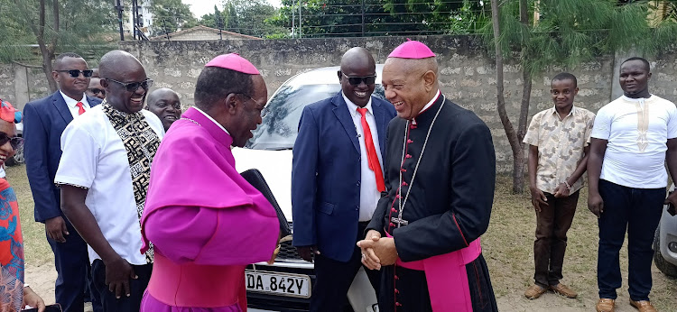 Mombasa Archbishop Martin Kivuva and his Malindi counterpart Bishop Willybard Lagho at St Joseph Catholic Church in Tudor, Mombasa on Sunday.