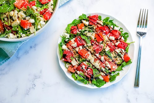 Watermelon, Tomato, Feta And Arugula Salad With Balsamic Glaze