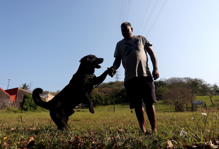 Anesh Dayram greets Chester, a labrador mix.