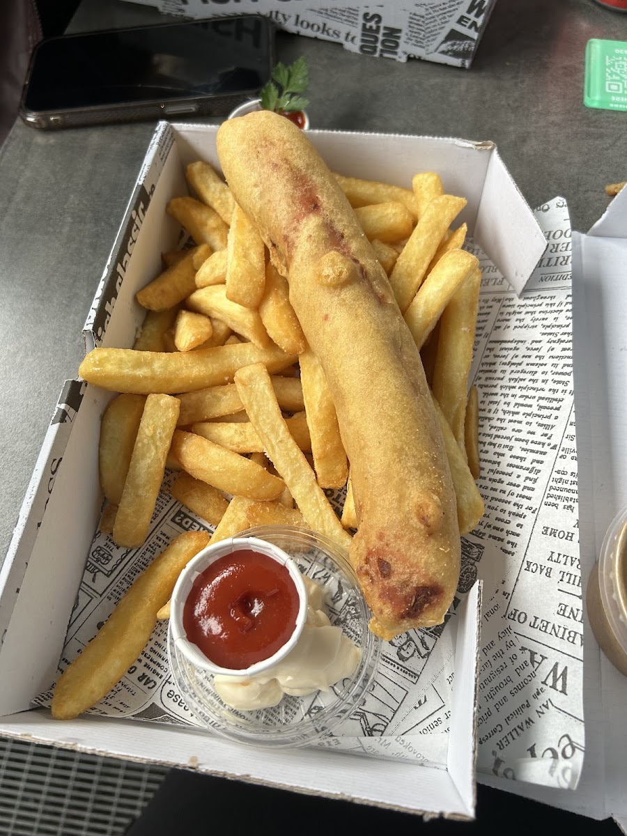 GF Battered Sausage and Chips