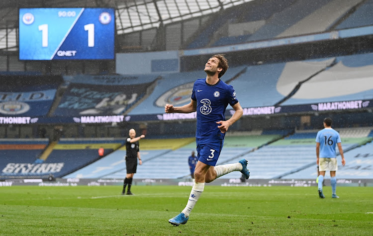 Chelsea's Marcos Alonso celebrates scoring their second goal.