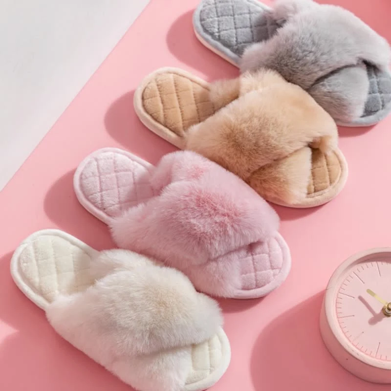 Zapatillas de casa peludas con correas cruzadas para mujer Invierno cómodas y cálidas, suaves y afelpadas, ideales para estar en casa.
