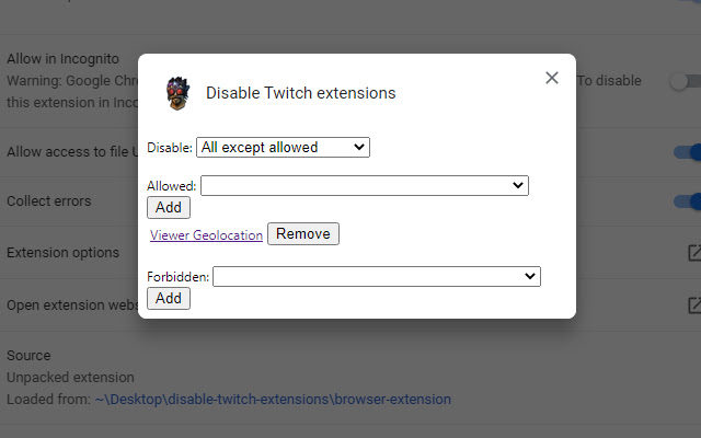 Disable Twitch extensions chrome extension