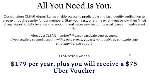 $75 Uber credit with Clear enrollment