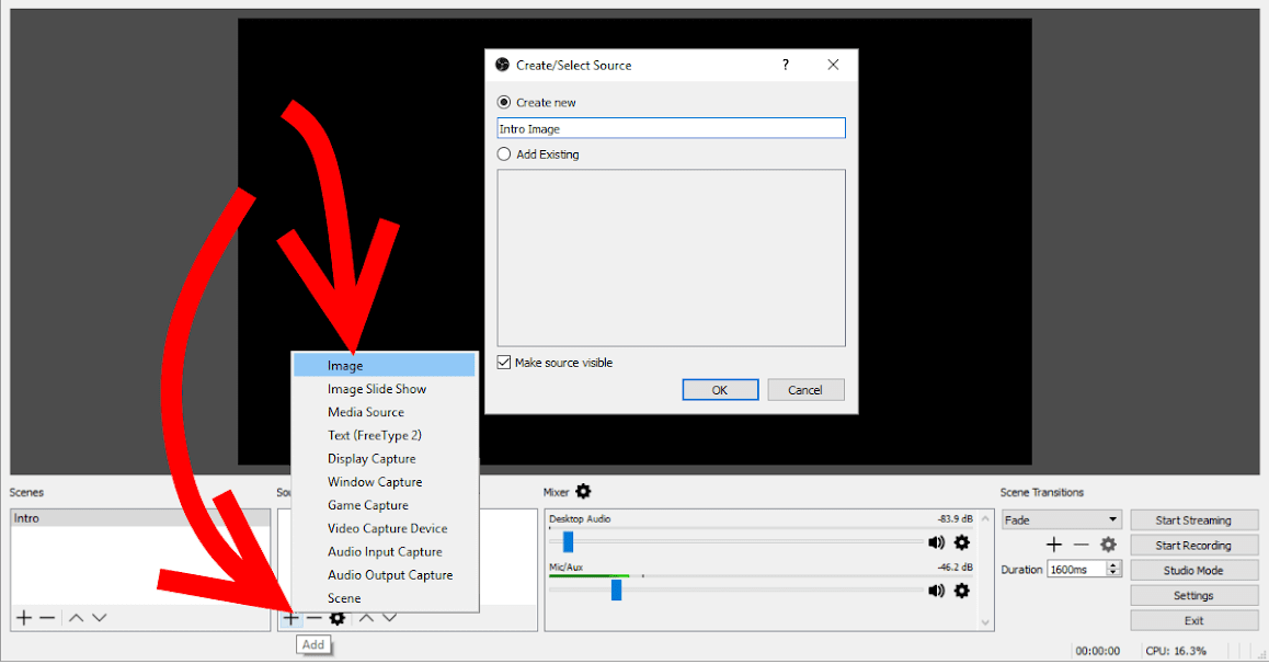OBS Studio Add Source - FB Live Intro Image