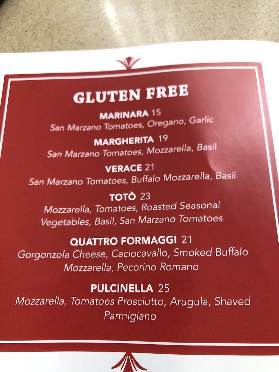 PizzArte gluten-free menu