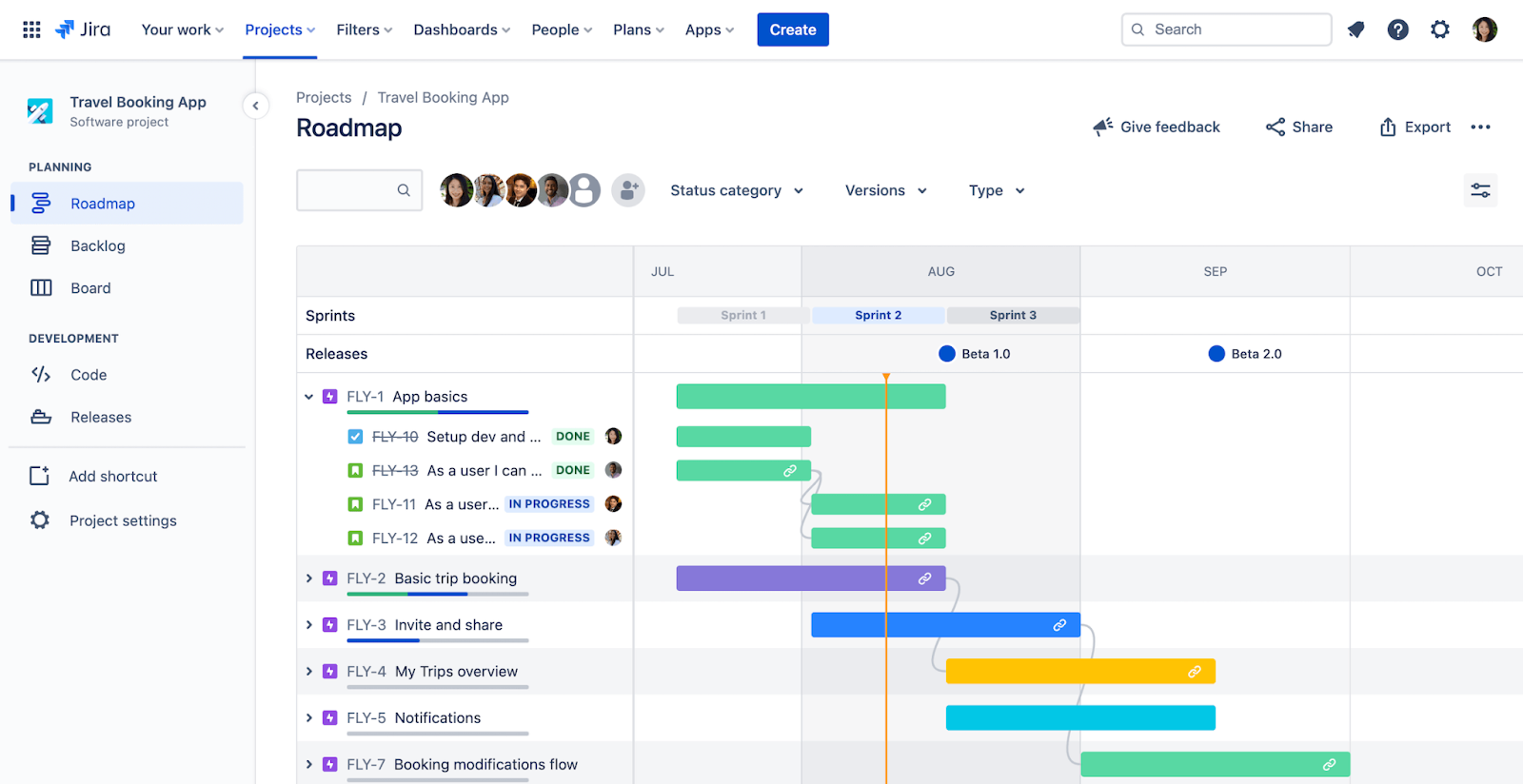 Jira Advanced Roadmaps interface with its roadmap and dependencies functions