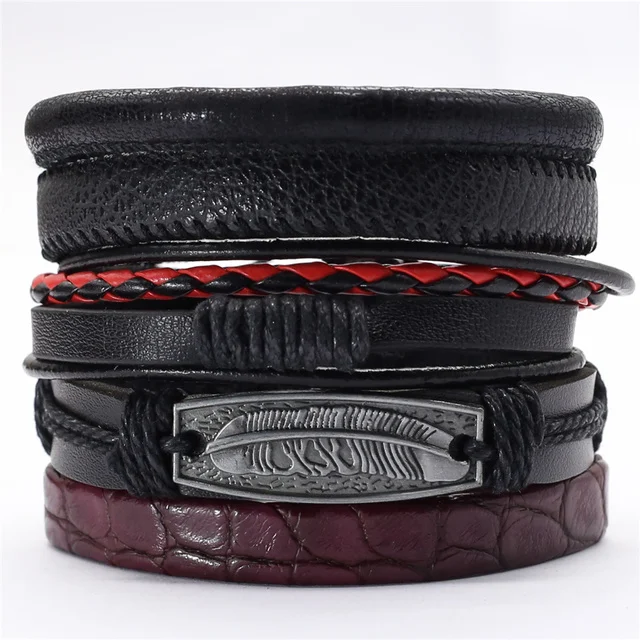 Zwarte veren heren armband set van 5 polsbandjes, stijlvolle accessoires voor mannen, perfect cadeau voor hem, elegant en opvallend.