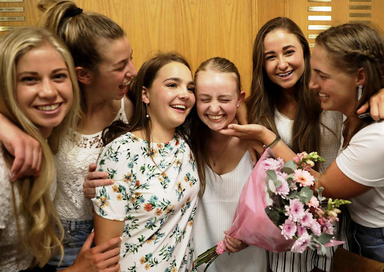 Madelein Dippenaar (third from right) celebrates on Wednesday with her Paarl Gimnasium friends (from left): Mari de Lange, Elmarie Bason, Lehani Skein, Jani de Lange and Nola de Jongh.