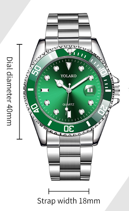 Montre YOLAKO homme de luxe pour affaires avec calendrier, cadran vert, montre homme tendance, horloge masculine, pour un look élégant et moderne.