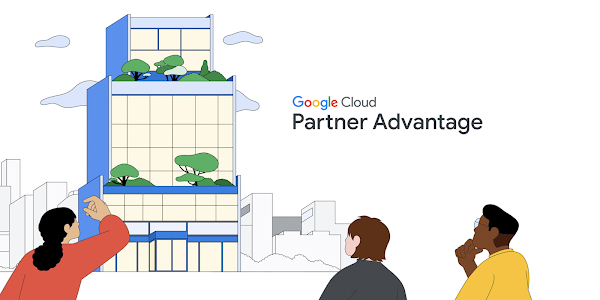 Illustration of three people looking at a skyscraper to indicate Google Cloud Partner advantages with every level 