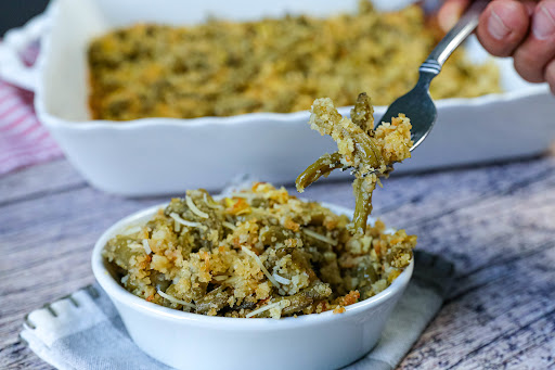 A bite of Italian Green Bean Casserole.