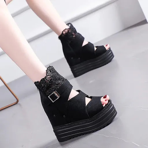 Title 10, Suede Lace Fish Mouth Platform Wedge Roman Sand...