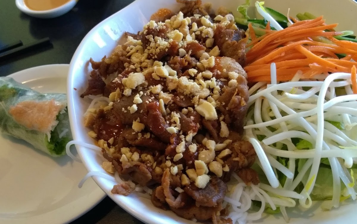 GF Bun spicy pork (vermicelli noodle salad) & GF steamed shrimp salad rolls.