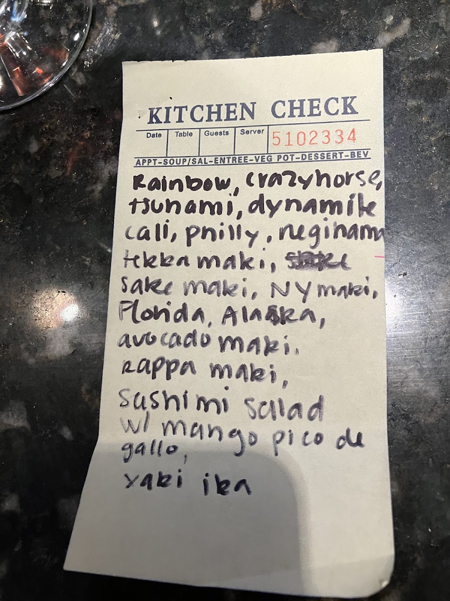 Some of the options hand written by waitress