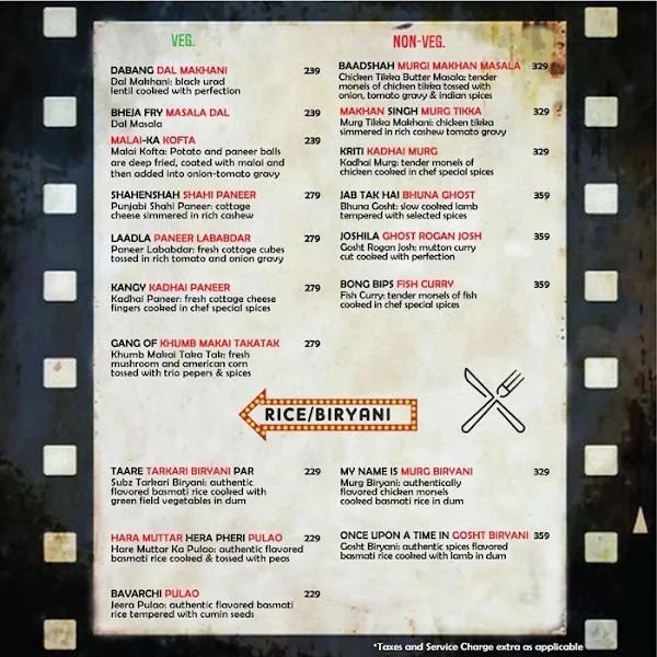 Filmy Flavours menu 