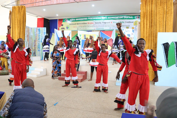 University students performing during the Kenya Universities Performing Arts and Film Association Drama, Beauty Pageantry, Visual Arts and Film Festival