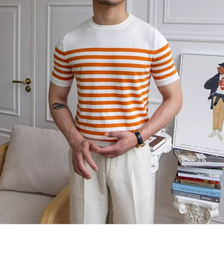 Title 21, Trendy All-matching Striped T-shirt Mens Short...