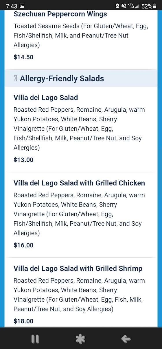 Three Bridges Bar & Grill gluten-free menu