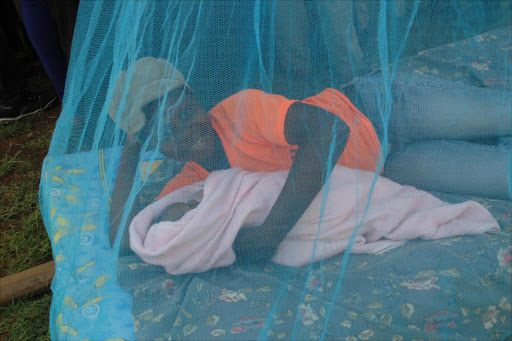 A mother demonstrates how to use a mosquito net
