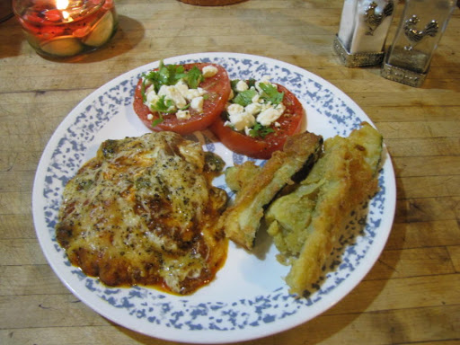 Eggplant Parmesan with fresh tomatoes, feta and basil with a side of fried zucchini!