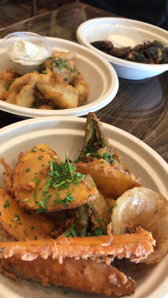 Veggie Tempura, Fish Bites, and fried Brussel sprouts