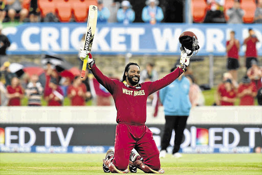 West Indies' Chris Gayle celebrates scoring the first-ever World Cup double century.