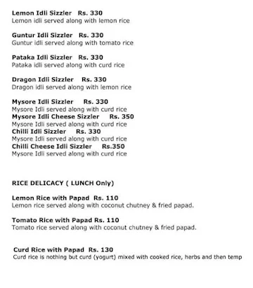 Mr Idli menu 