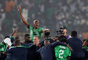 Nigeria's Victor Osimhen celebrates with teammates after reaching the Africa Cup of Nations final with their penalties semifinal win against Bafana Bafana at Stade de la Paix in Bouake, Ivory Coast on Wednesday night.