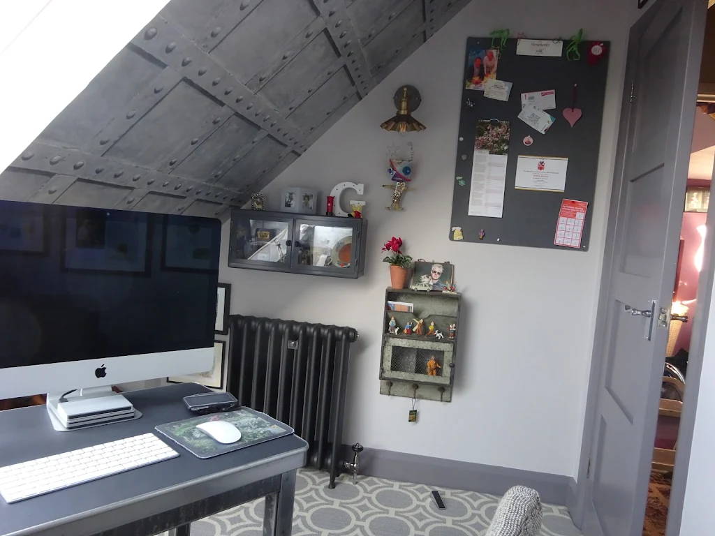 Album cover: Prepare prime and paint new loft office and 3 door landing, hag on sloping pitch wall wallpaper.