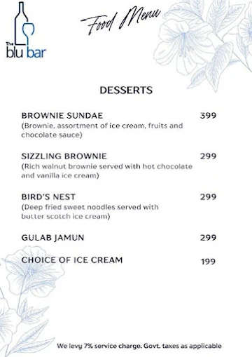 The Blu Bar menu 