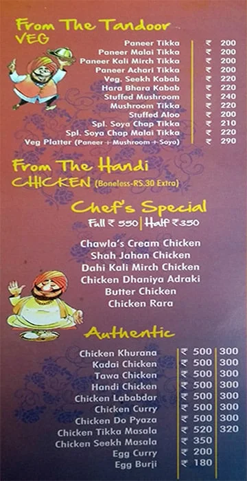 Chawla's menu 