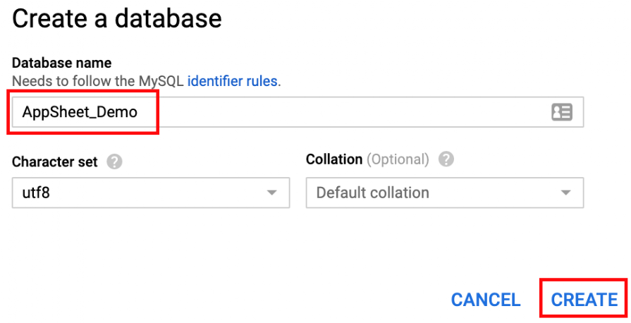 データベース名を入力して [Create] をクリックする