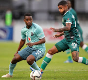 Orlando Pirates' Collins Makgaga and Keagan Buchanan of AmaZulu in the DStv Premiership match at Kings Park in Durban on December 8 2021.