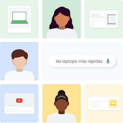 Collage ilustrado de 3 usuarios que reciben diferentes recomendaciones para sus consultas de búsqueda de compra de un portátil