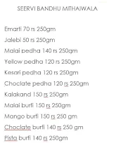 Seervi Bandhu Mithaiwala menu 2