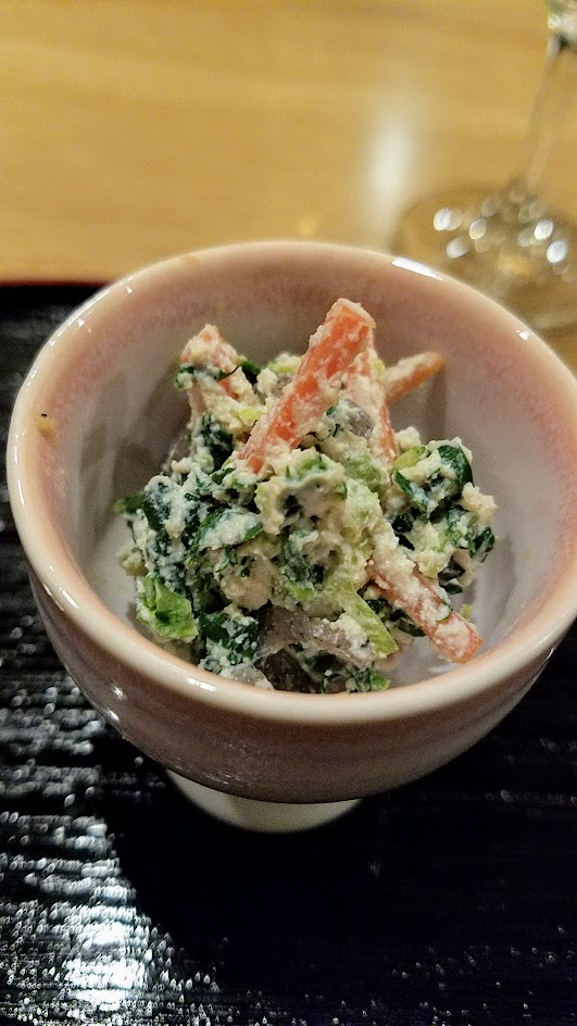 Dinner at Chef Naoko's Shizuku. I ordered the kaiseki, six courses that includes a catch of the day wild sashimi cousre and choice of main dish with rice and miso soup. This is from the second course, which offered four small side dishes, including this tofu and julienned vegetable