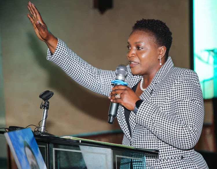 Health CS Susan Nakhumicha speaks during the burial ceremony of Gladys Wanjiku Muriuki, sister to PS Public Health Mary Muthoni at Ngiriambu Village in Kirinyaga on January 13, 2024