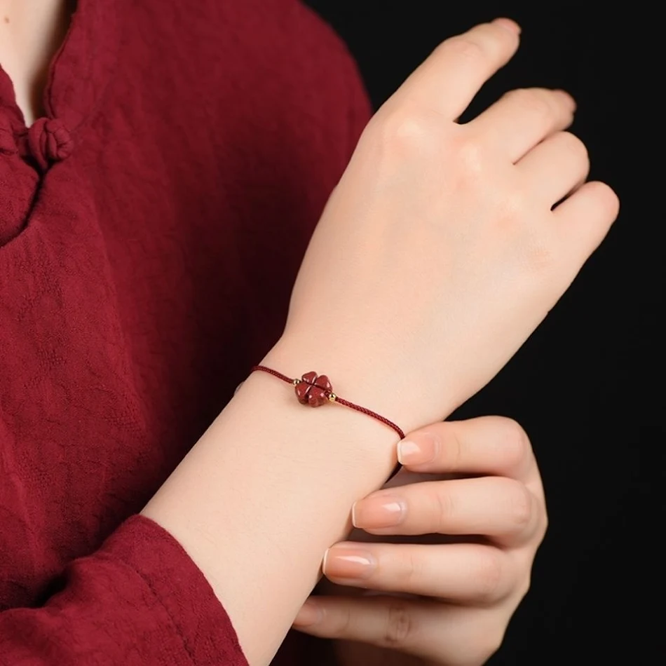 Natuurlijke ruwe cinnaber armband, klaver paars, goud zand, geluksdraagtouw, voor meer geluk en voorspoed.