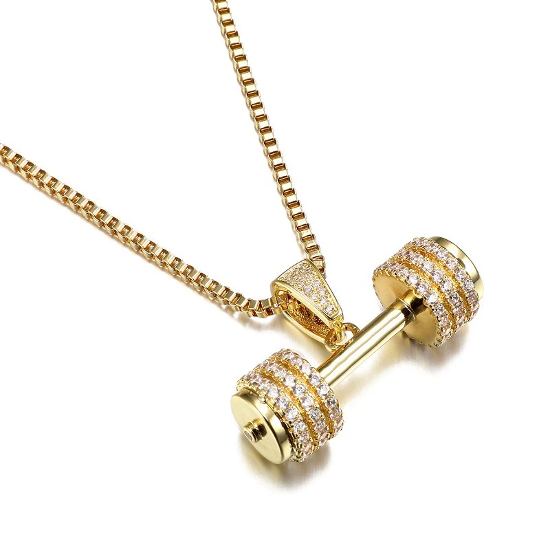 Diamond-studded zircon gold dumbbell pendant