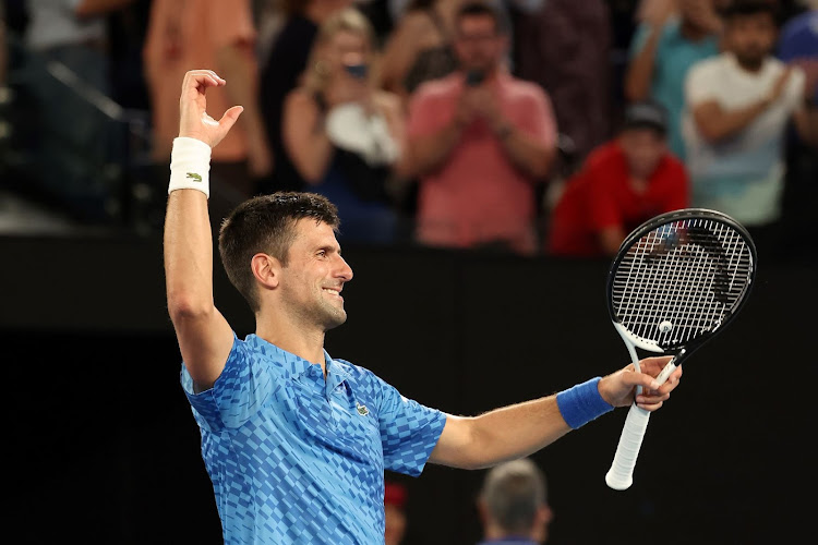 Novak Djokovic of Serbia celebrates winning the semifinal singles match against Tommy Paul of the US during day 12 of the 2023 Australian Open at Melbourne Park on January 27 2023.